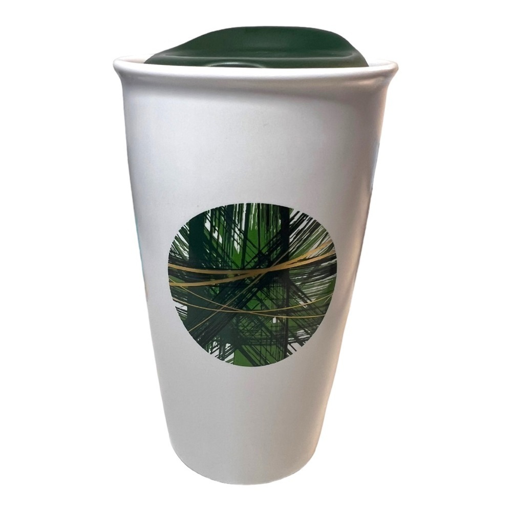 Starbucks 2014 Ceramic Tumbler White Green Gold